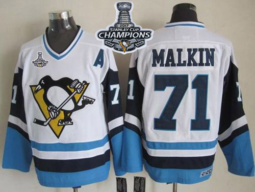 Penguins #71 Evgeni Malkin White/Blue CCM Throwback Stanley Cup Finals Champions Stitched NHL Jersey - Click Image to Close